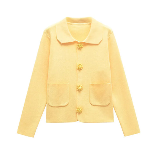 2025 Autumn Women’s Knit Cardigan – Yellow Floral, Single-Breasted Style